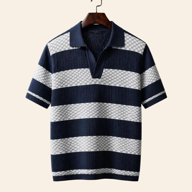 JanDiva RivaAura Gebreid Poloshirt Heren – Gestreept Zomershirt – Bruin / Marine / Abrikoos