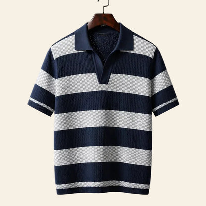 JanDiva RivaAura Gebreid Poloshirt Heren – Gestreept Zomershirt – Bruin / Marine / Abrikoos