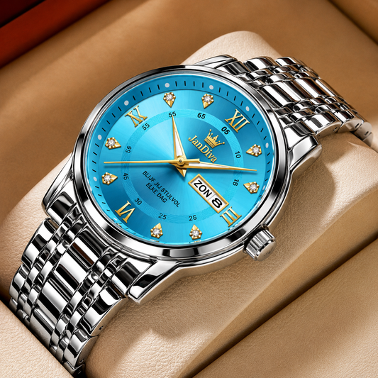 JanDiva AuraChronos Herenhorloge – Zilver met Blauwe Wijzerplaat – Analoog Quartz