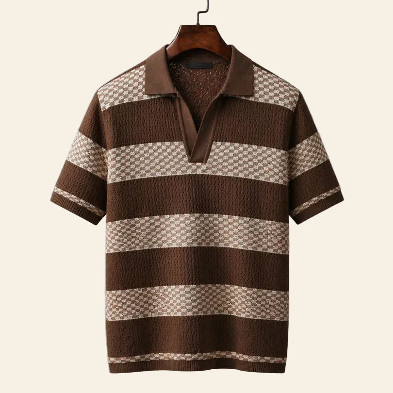 JanDiva RivaAura Gebreid Poloshirt Heren – Gestreept Zomershirt – Bruin / Marine / Abrikoos