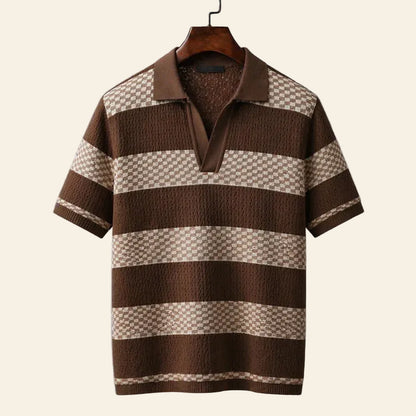JanDiva RivaAura Gebreid Poloshirt Heren – Gestreept Zomershirt – Bruin / Marine / Abrikoos