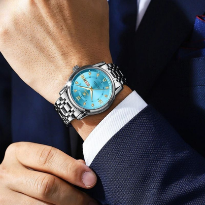JanDiva AuraChronos Herenhorloge – Zilver met Blauwe Wijzerplaat – Analoog Quartz