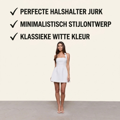 JanDiva Novaluxe A-Lijn Halterjurk Dames – Gestructureerde Mini-Jurk – Wit / Zwart