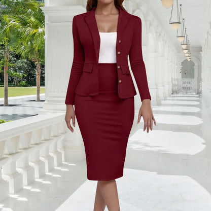 JanDiva Dames Mantelpak – Getailleerde Blazer met Kokerrok – Wit / Blauw / Donkerrood / Zwart